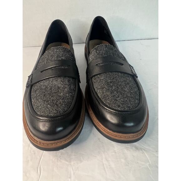 Clarks Raisie Eletta Black Leather/Denim SlipOn Comfort Penny Lug Sole Loafer 9 - Picture 3 of 10